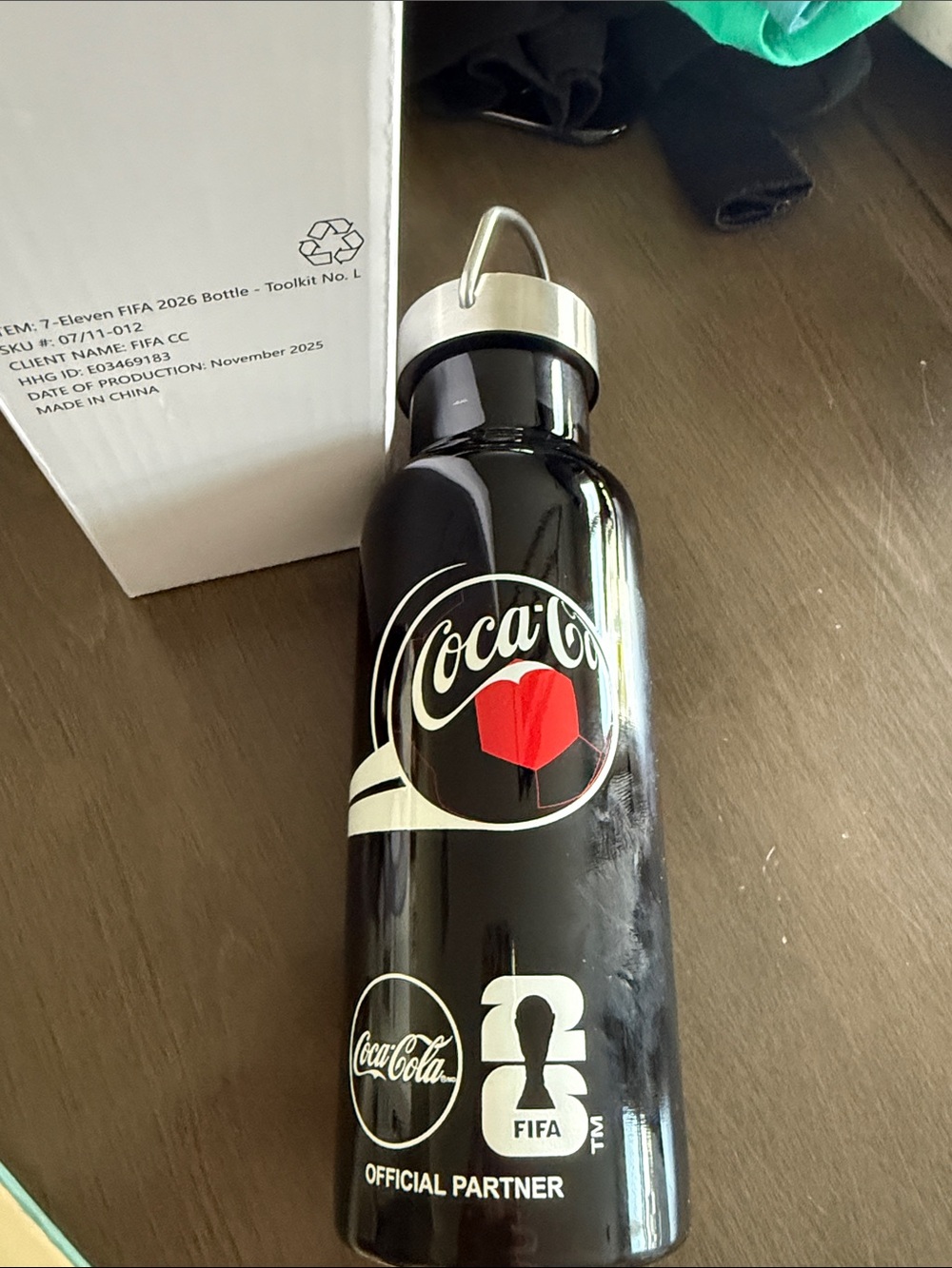 Coca-Cola Black Water Bottle FIFA SOCCER WORLD CUP STAINLESS STEEL LID BOX